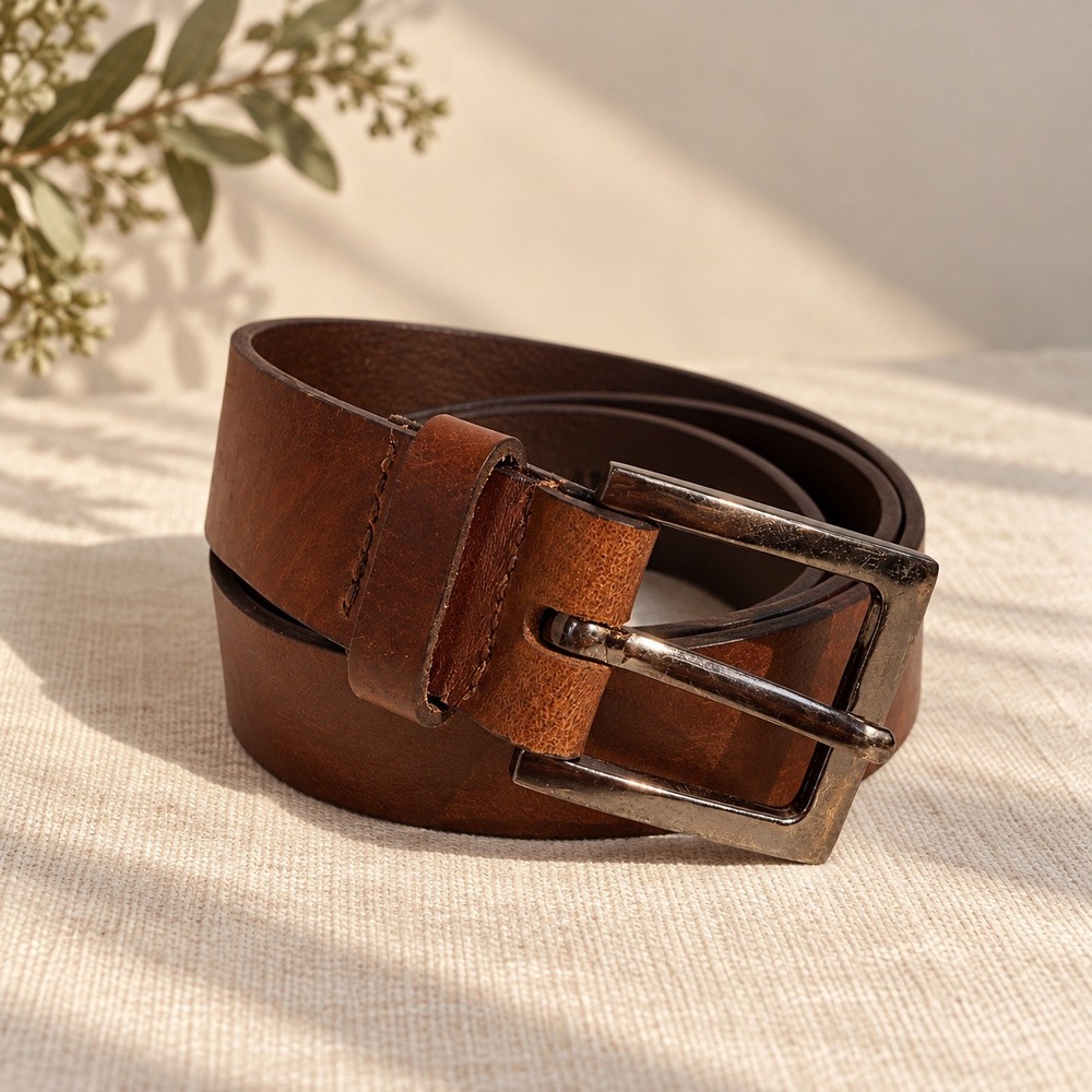 Mens Brown Genuine Leather Belt Gunmetal Buckle Size Large Rugged Casual 40